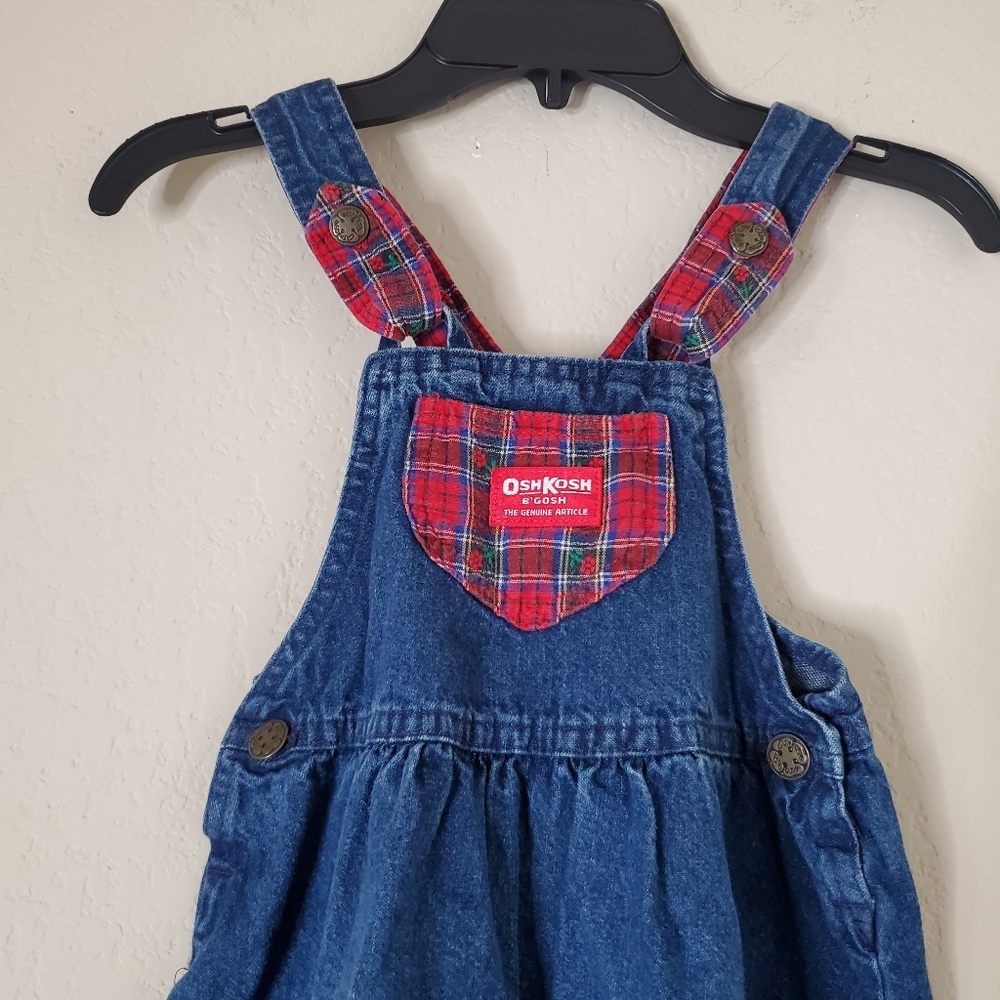 Vtg Oshkosh Vestbak Overall Jumper Dress Denim Red Plaid Trim USA Classic Size 6 - Picture 3 of 8